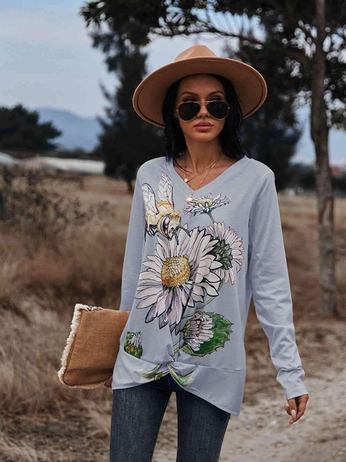 Floral Print Twisted V-Neck Long Sleeve Tee Cloudy Blue Women's T-Shirts - Tophatter Daily Deals