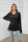 Drawstring Ribbed Long Sleeve T-Shirt Black Women's T-Shirts - Tophatter Daily Deals