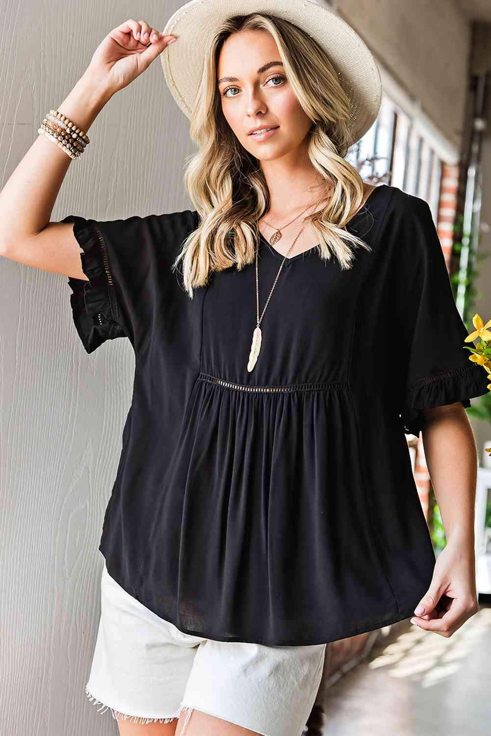 V-Neck Flounce Sleeve Babydoll Blouse Blouses - Tophatter Daily Deals