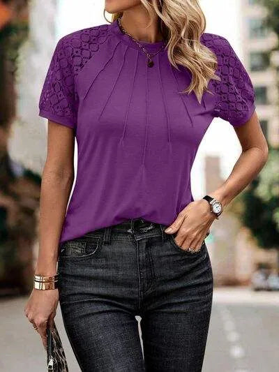 Openwork Lace Detail Short Sleeve T-Shirt Purple Women's T-Shirts - Tophatter Daily Deals