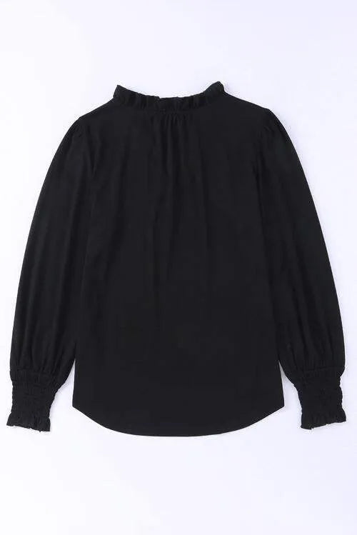 Frill Notched Neck Smocked Designed Long Sleeve Blouse Blouses - Tophatter Daily Deals