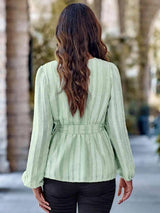 V-Neck Tie Waist Long Sleeve Blouse Blouses - Tophatter Daily Deals