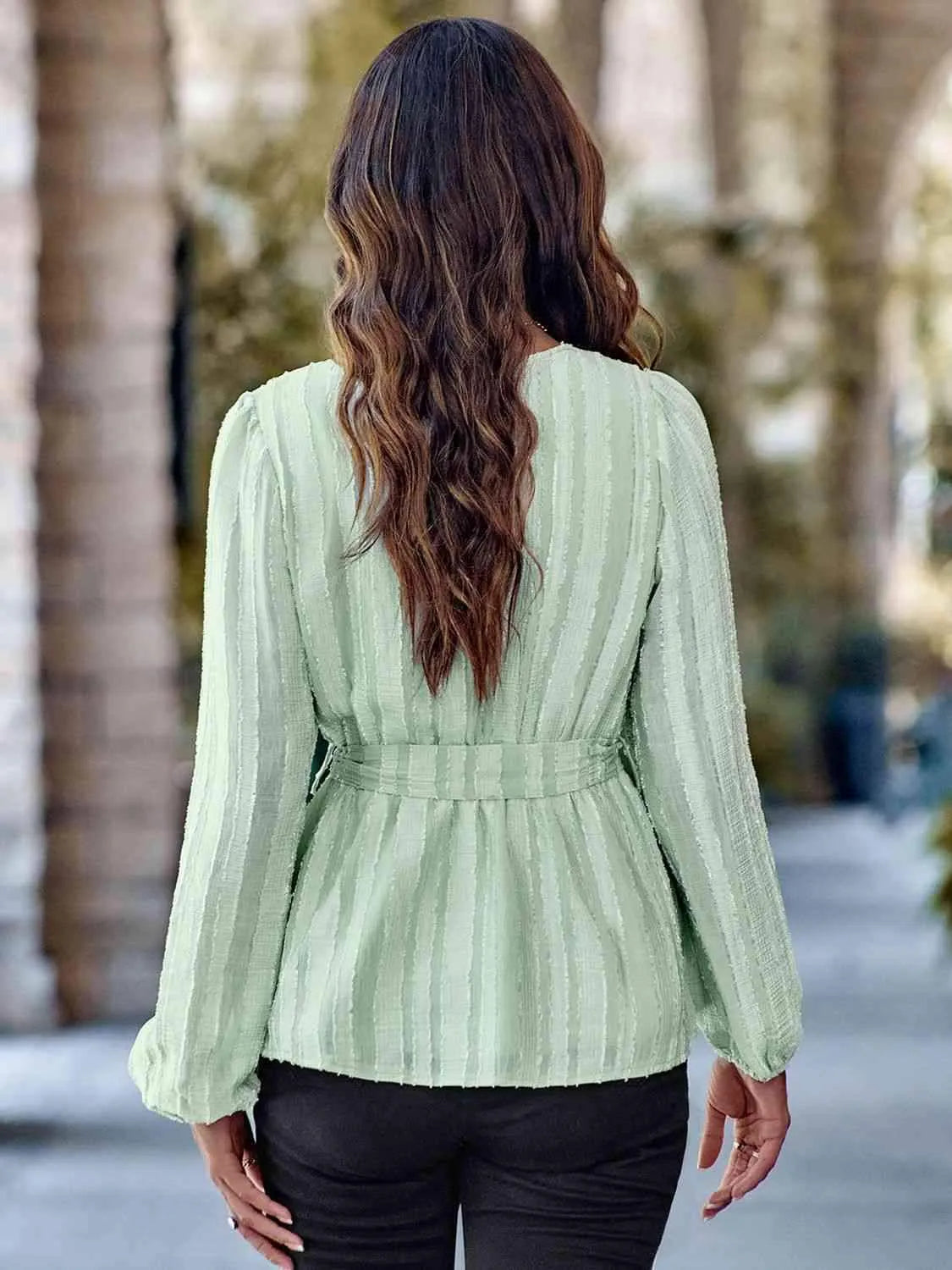 V-Neck Tie Waist Long Sleeve Blouse Blouses - Tophatter Daily Deals