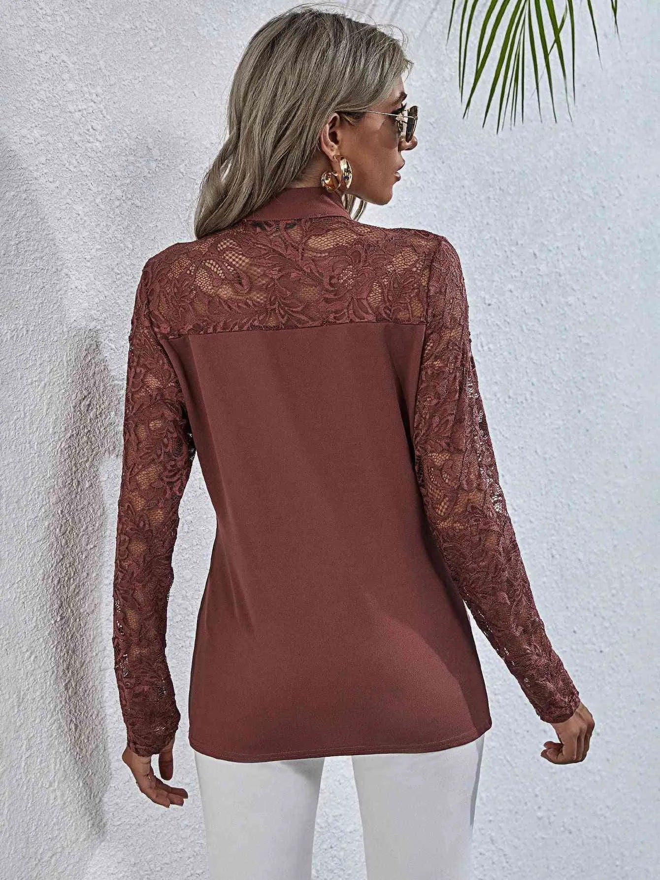 Tie Neck Spliced Lace Long Sleeve Top Blouses - Tophatter Daily Deals