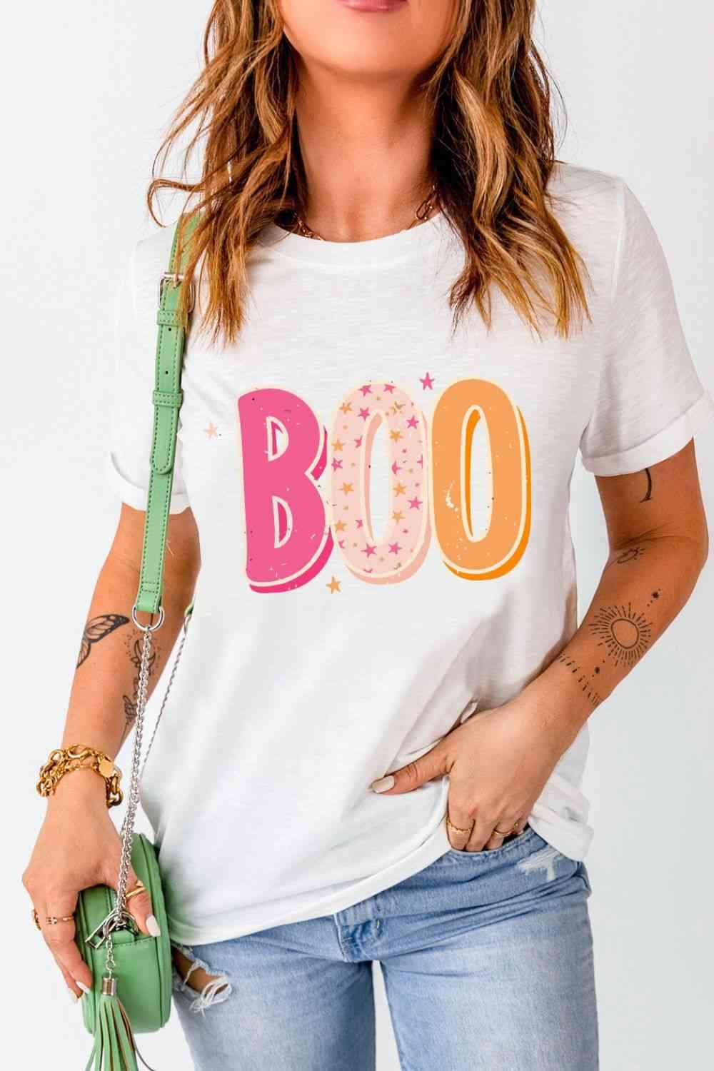 Round Neck Short Sleeve BOO Graphic T-Shirt Women's T-Shirts - Tophatter Daily Deals