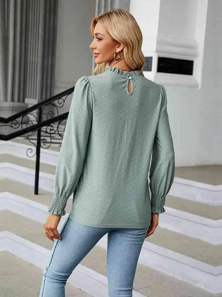 Round Neck Flounce Sleeve Blouse Blouses - Tophatter Daily Deals