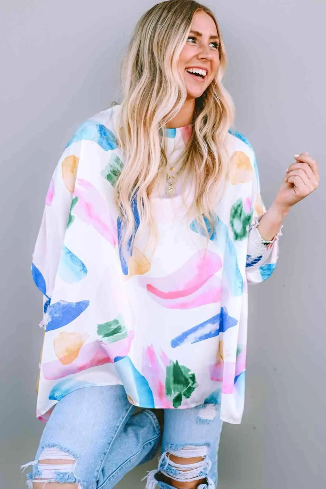 Printed Round Neck Smocked Lantern Sleeve Blouse Blouses - Tophatter Daily Deals