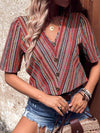 Printed V-Neck Button-Up Short Sleeve Top Deep Red Blouses - Tophatter Daily Deals