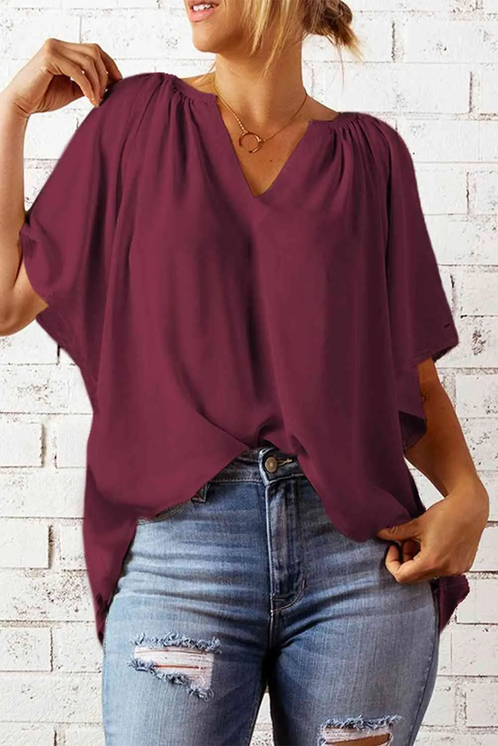 Gathered Detail Notched Neck Flutter Sleeve Top Blouses - Tophatter Daily Deals