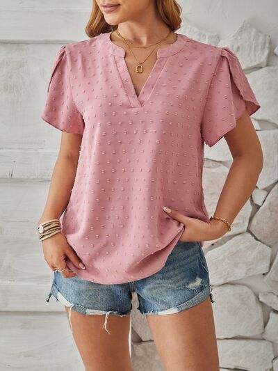 Swiss Dot Notched Petal Sleeve T-Shirt Women's T-Shirts - Tophatter Daily Deals