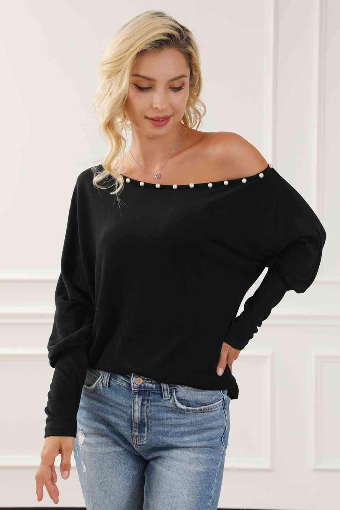 Pearl Trim Lantern Sleeve Top Blouses - Tophatter Daily Deals