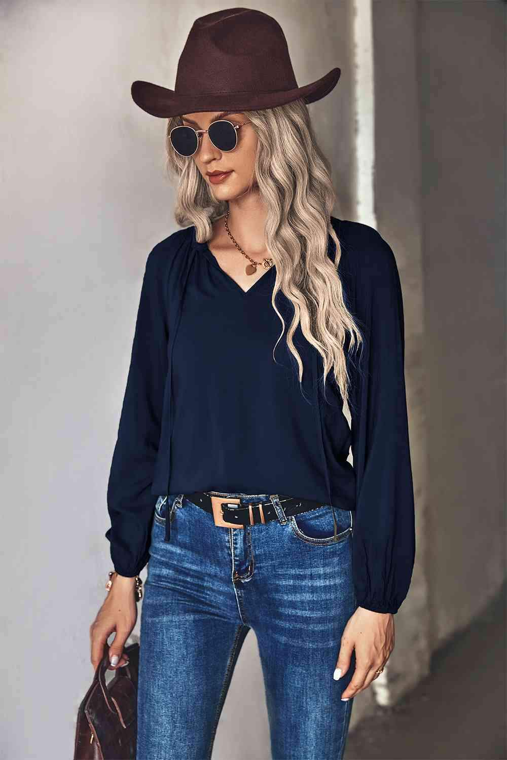 Gathered Detail Tie-Neck Blouse Navy S Blouses - Tophatter Daily Deals