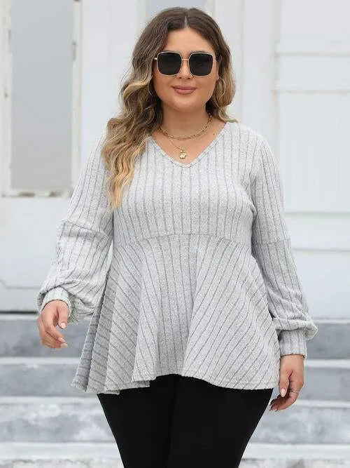 Plus Size Ribbed V-Neck Long Sleeve Blouse Blouses - Tophatter Daily Deals
