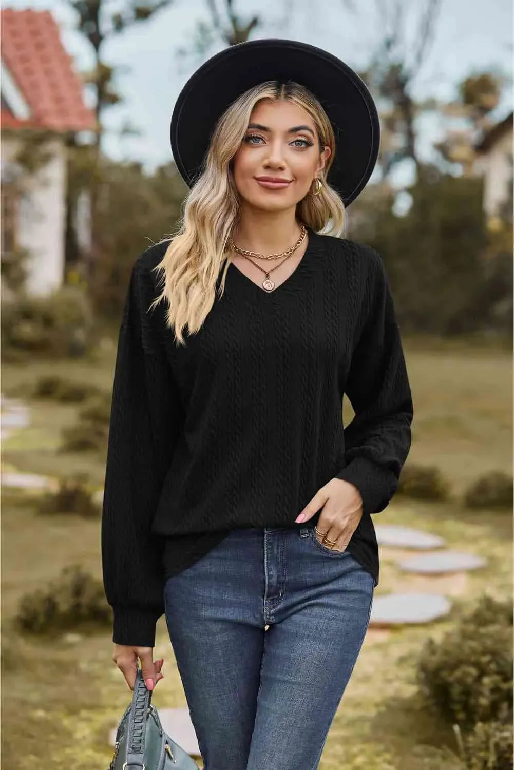 V-Neck Dropped Shoulder Blouse Black Blouses - Tophatter Daily Deals