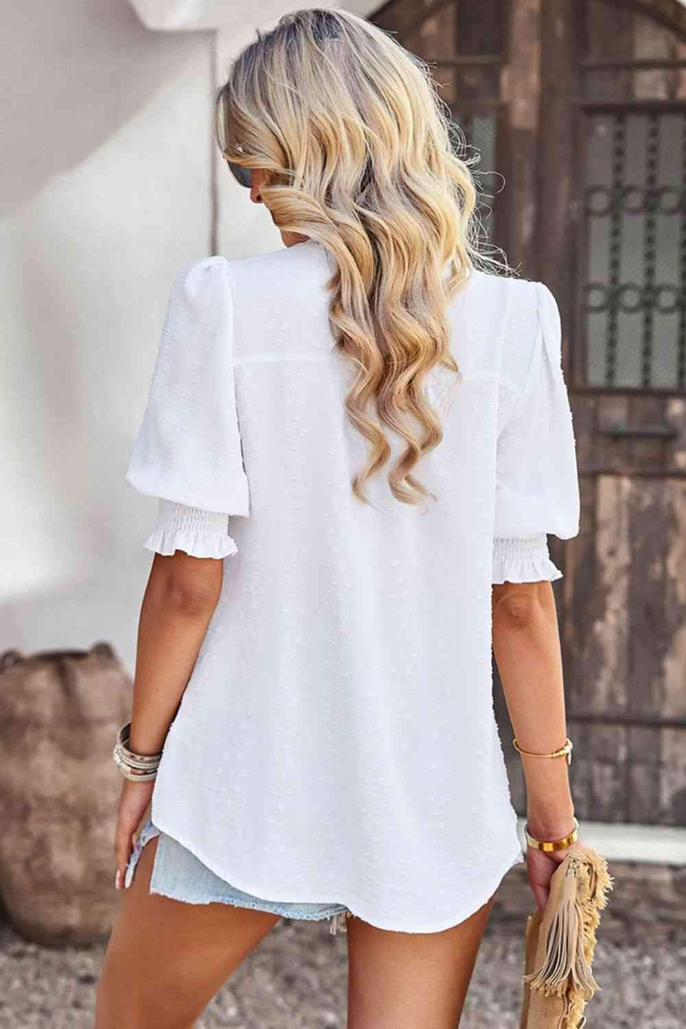 Textured Notched Neck Puff Sleeve Blouse Blouses - Tophatter Daily Deals