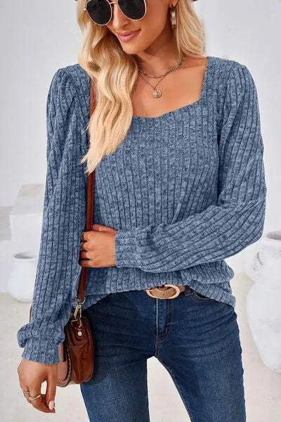 Ribbed Square Neck Long Sleeve T-Shirt Women's T-Shirts - Tophatter Daily Deals