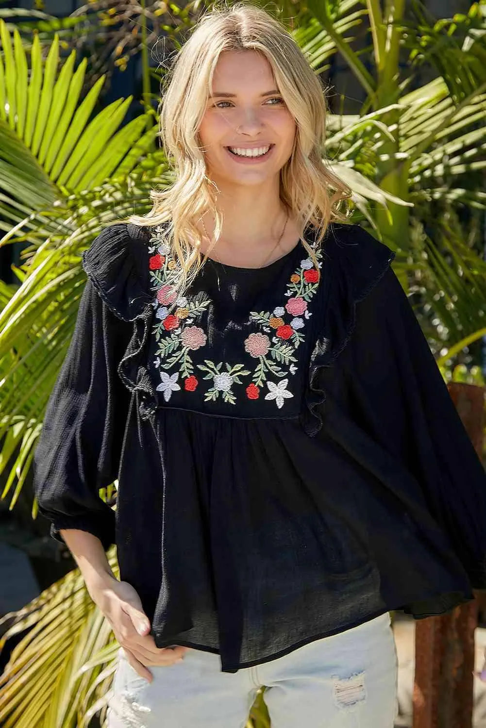 Embroidered Round Neck Ruffled Blouse Blouses - Tophatter Daily Deals