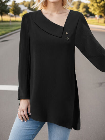 Asymmetrical Neck Long Sleeve Blouse - Tophatter Deals