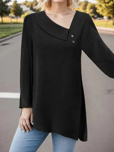 Asymmetrical Neck Long Sleeve Blouse Black Blouses - Tophatter Daily Deals
