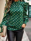 Printed Mock Neck Lantern Sleeve Blouse Green Blouses - Tophatter Daily Deals