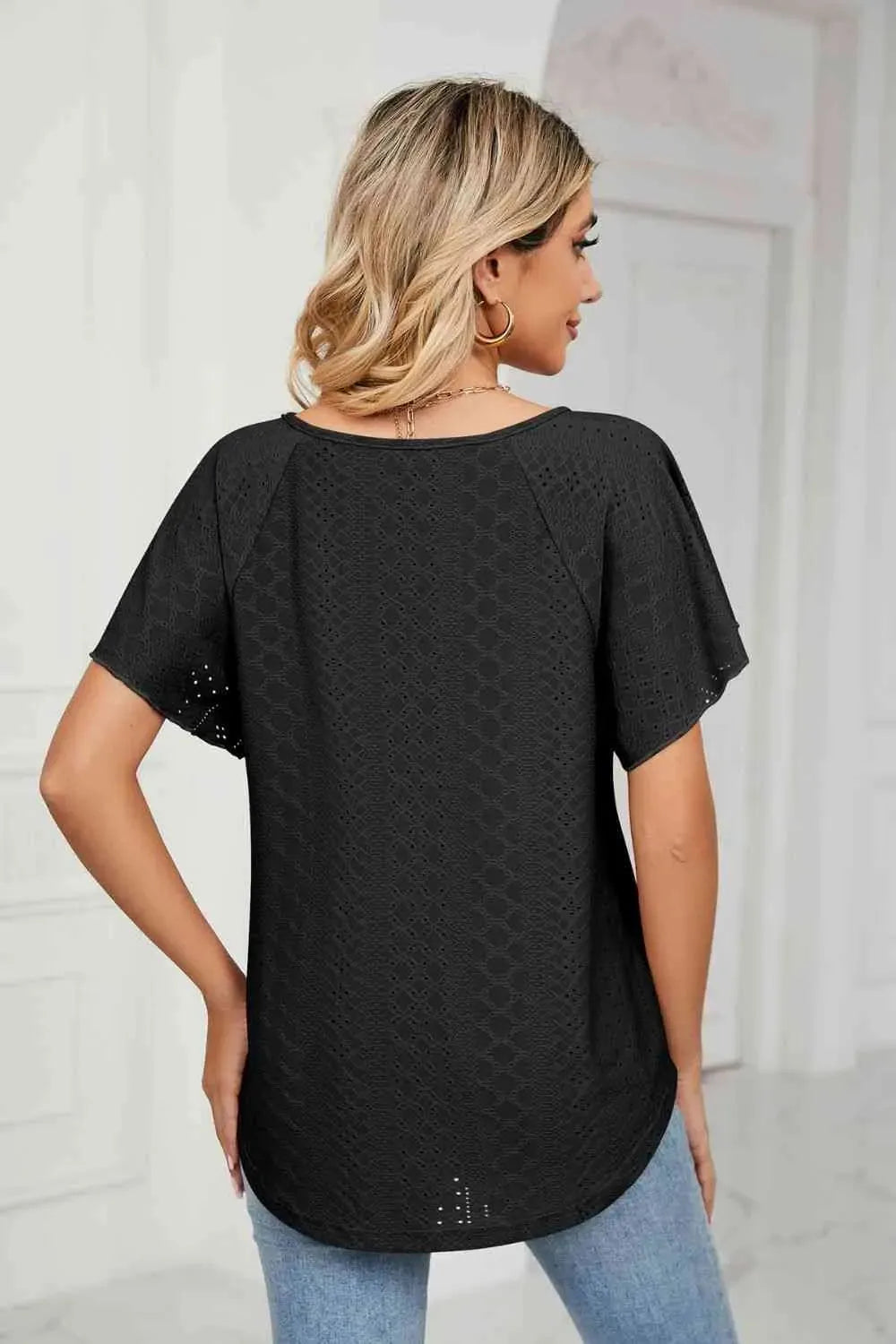 Eyelet Tie-Neck Flutter Sleeve Top Blouses - Tophatter Daily Deals