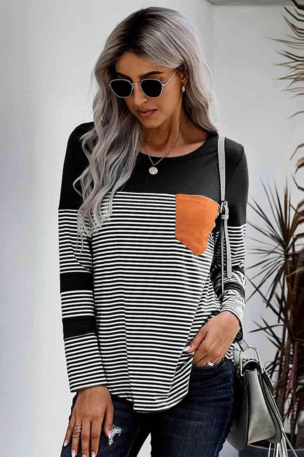 Striped Round Neck Long Sleeve T-Shirt Black Women's T-Shirts - Tophatter Daily Deals