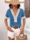 Decorative Button Spliced Lace Short Sleeve Top Azure Blouses - Tophatter Daily Deals