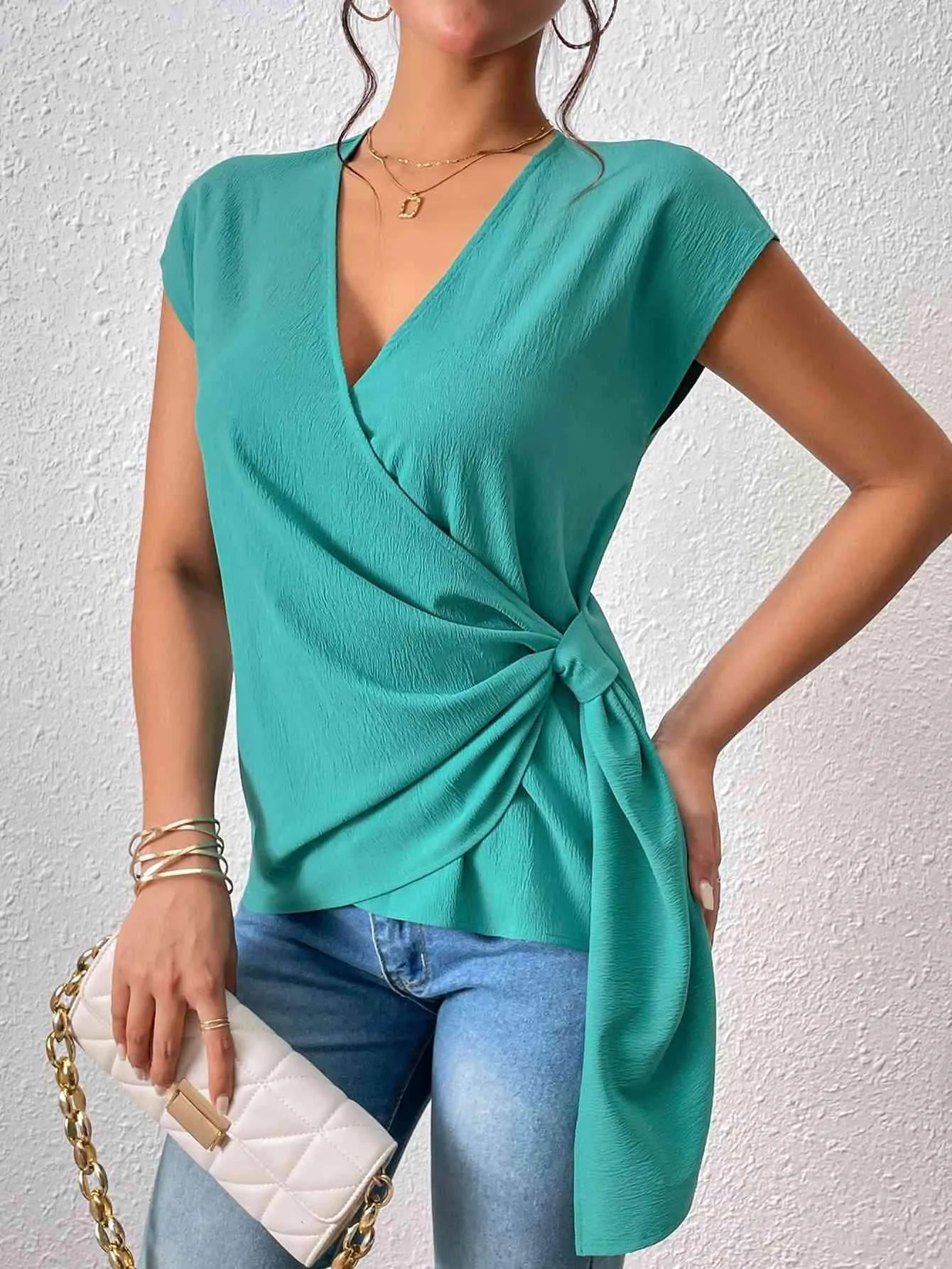 Tied Surplice Neck Short Sleeve Blouse Blouses - Tophatter Daily Deals