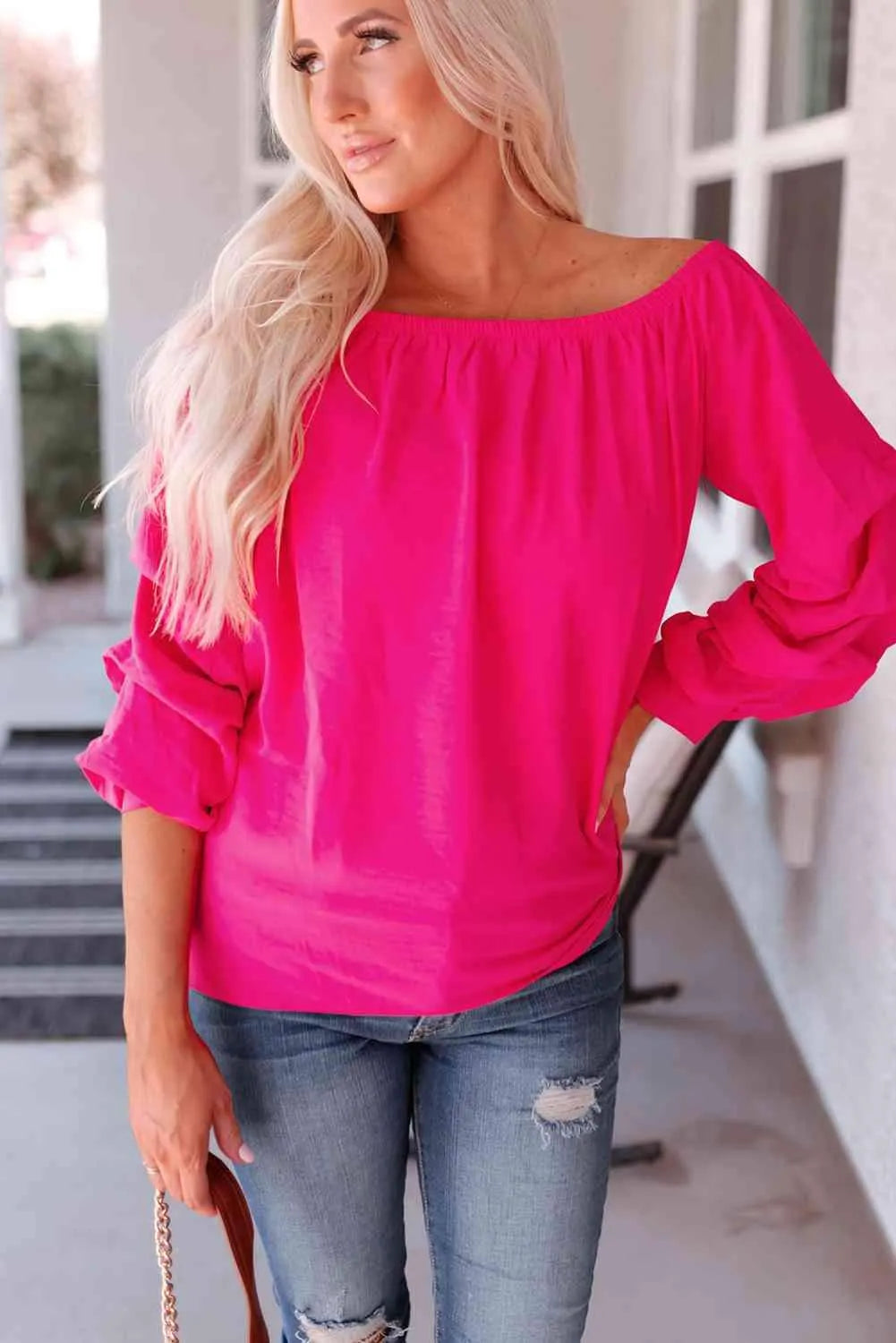 Gathered Detail Off-Shoulder Blouse Blouses - Tophatter Daily Deals