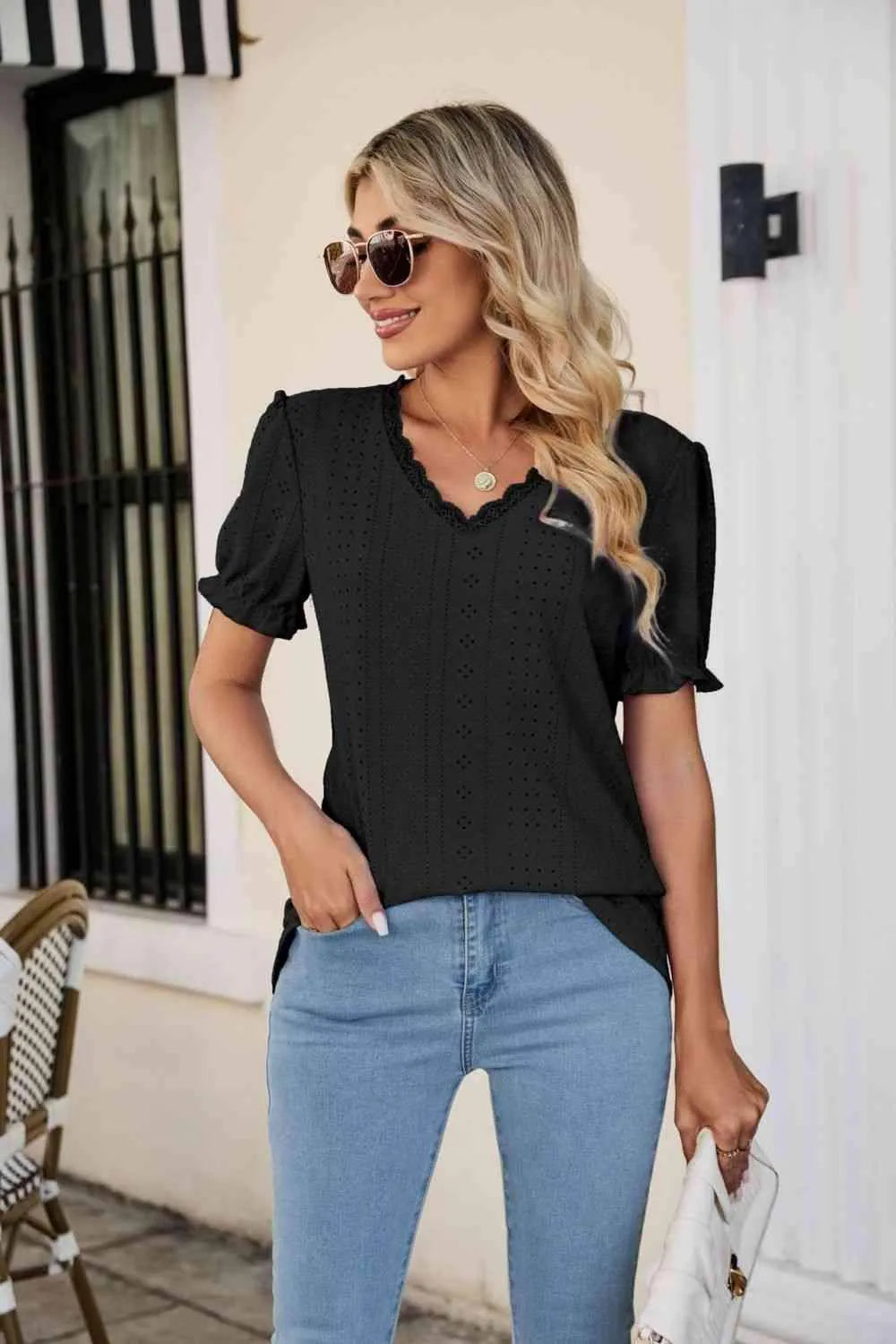 Eyelet Flounce Sleeve Scalloped V-Neck Top Blouses - Tophatter Daily Deals