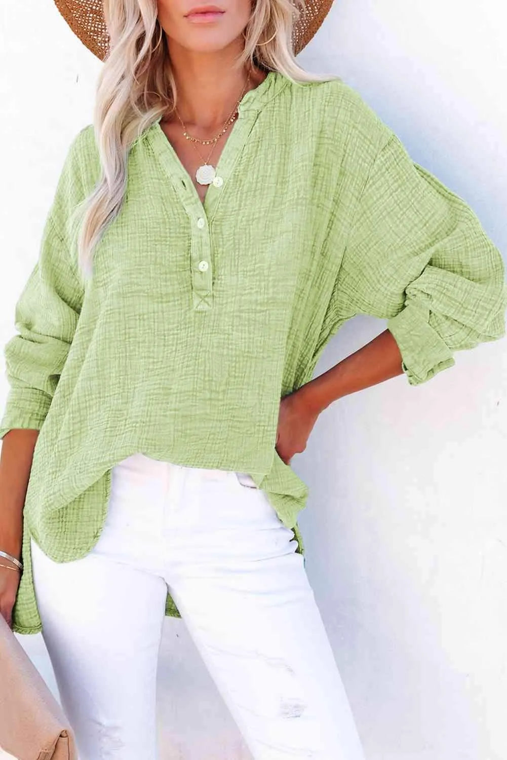 Buttoned Long Sleeve Blouse Gum Leaf Blouses - Tophatter Daily Deals