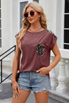 Leopard Round Neck Cap Sleeve T-Shirt Wine Women's T-Shirts - Tophatter Daily Deals