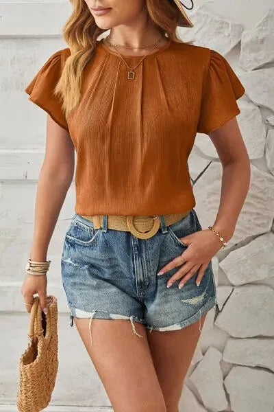 Round Neck Keyhole Cap Sleeve T-Shirt Caramel Women's T-Shirts - Tophatter Daily Deals