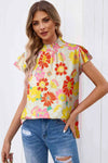 Floral Frill Neck Smocked Flutter Sleeve Blouse Blouses - Tophatter Daily Deals