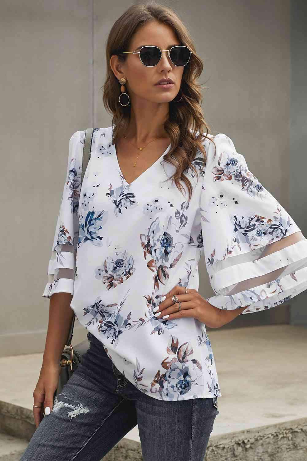 Printed Flare Sleeve Top White Blouses - Tophatter Daily Deals