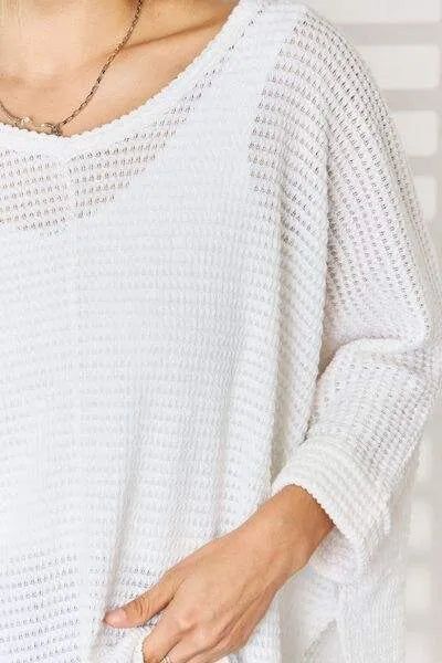 Zenana Full Size Waffle Knit V-Neck Long Sleeve Slit Top Blouses - Tophatter Daily Deals