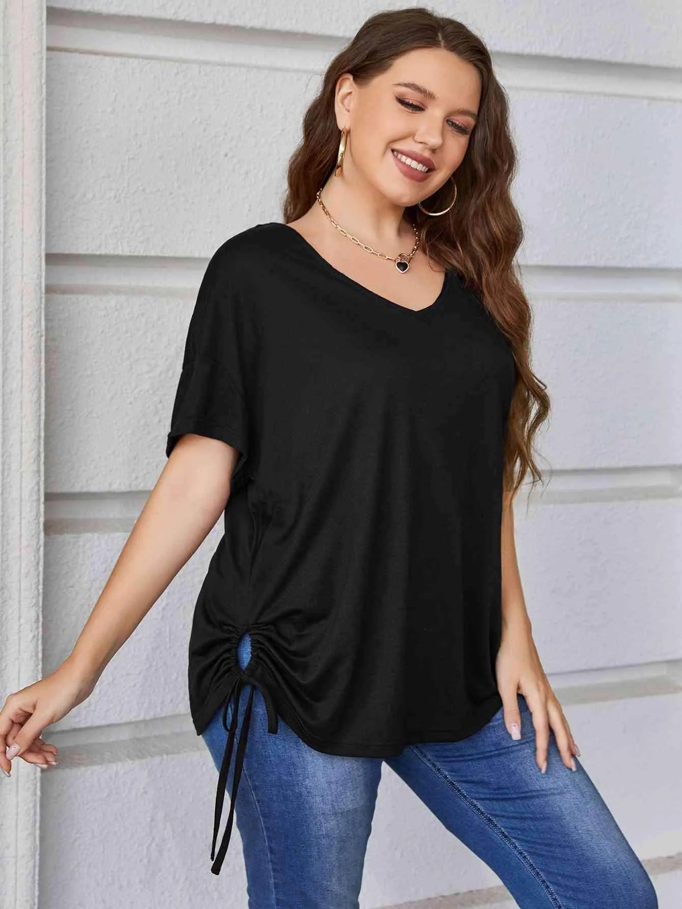 Plus Size Drawstring V-Neck Short Sleeve Blouse Blouses - Tophatter Daily Deals