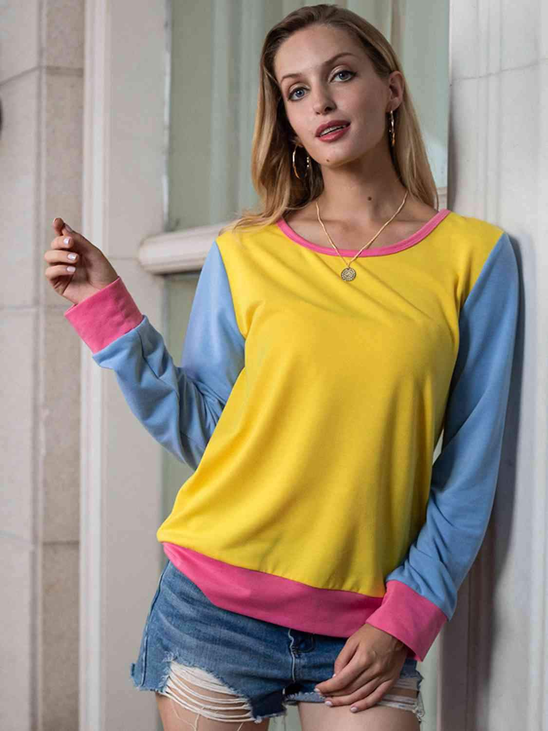 Contrast Round Neck Long Sleeve Top Women's T-Shirts - Tophatter Daily Deals