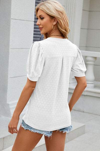 Eyelet Notched Puff Sleeve T-Shirt Women's T-Shirts - Tophatter Daily Deals