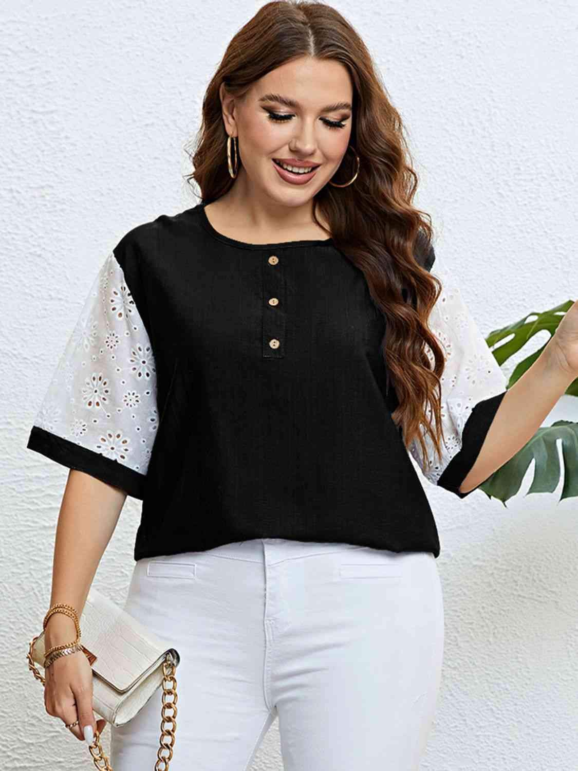 Plus Size Contrast Decorative Button Half Sleeve Top Black Blouses - Tophatter Daily Deals