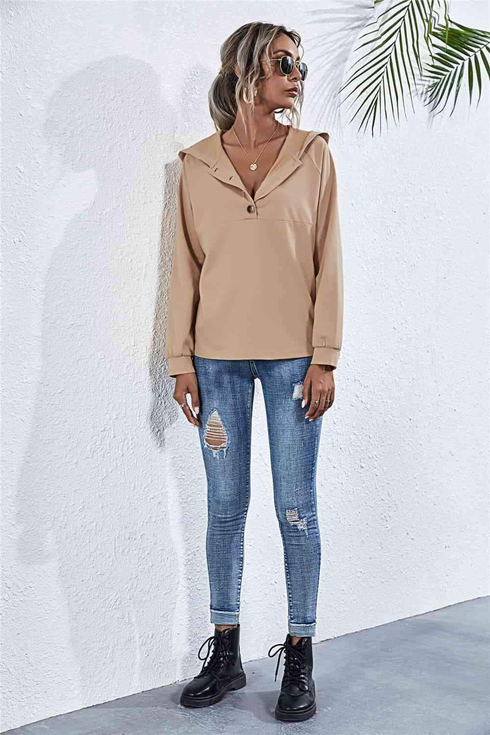 Buttoned Raglan Sleeve Hooded Blouse Blouses - Tophatter Daily Deals