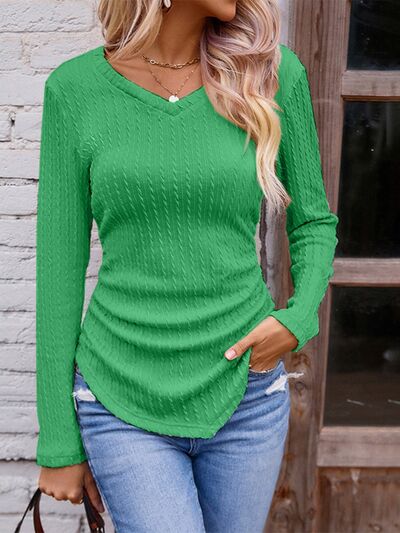 Textured Ruched V-Neck Long Sleeve T-Shirt Mid Green Women's T-Shirts - Tophatter Daily Deals