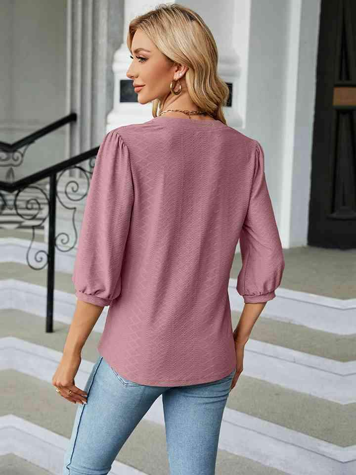 Notched Neck Three-Quarter Sleeve Blouse Women's T-Shirts - Tophatter Daily Deals