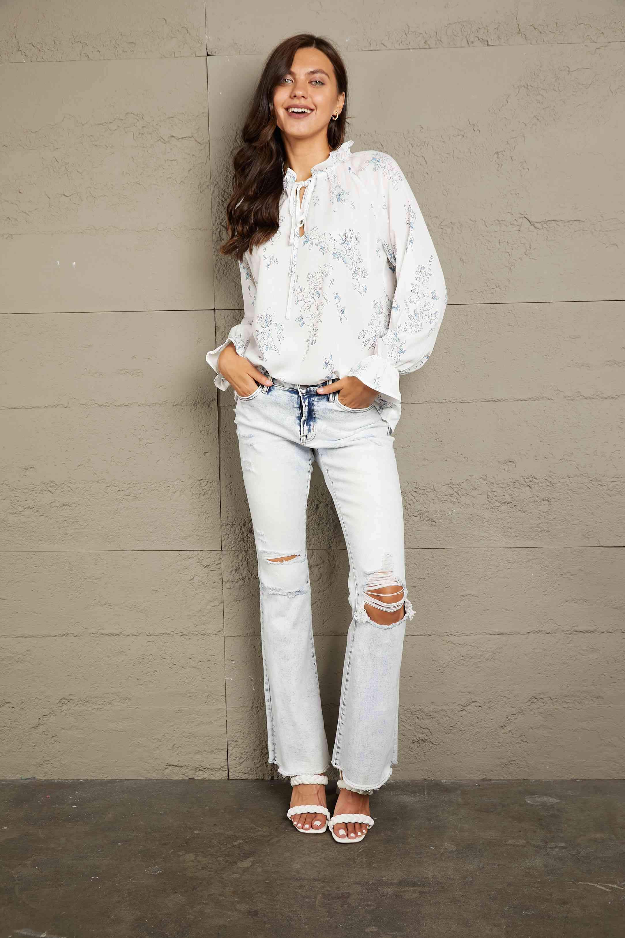 Double Take Floral Tie Neck Flounce Sleeve Blouse Blouses - Tophatter Daily Deals