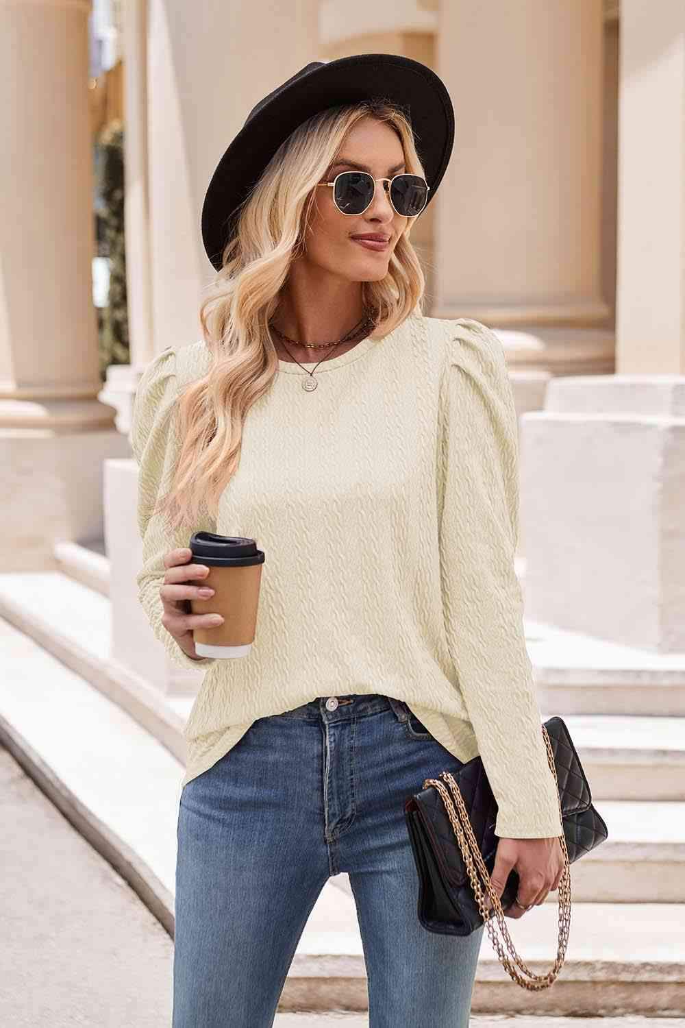 Round Neck Puff Sleeve Blouse Beige Blouses - Tophatter Daily Deals