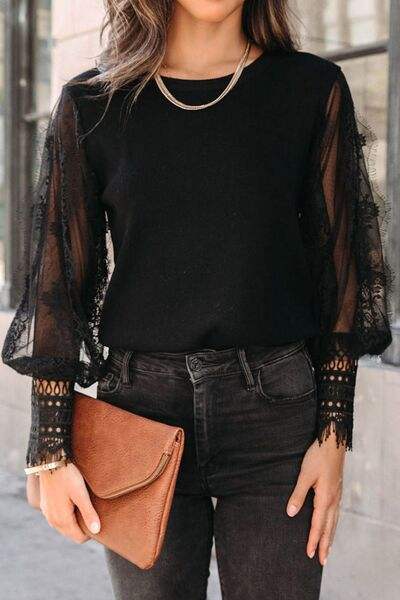 Lace Detail Mesh Lantern Sleeve Blouse Black Blouses - Tophatter Daily Deals