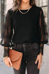 Lace Detail Mesh Lantern Sleeve Blouse Black Blouses - Tophatter Daily Deals