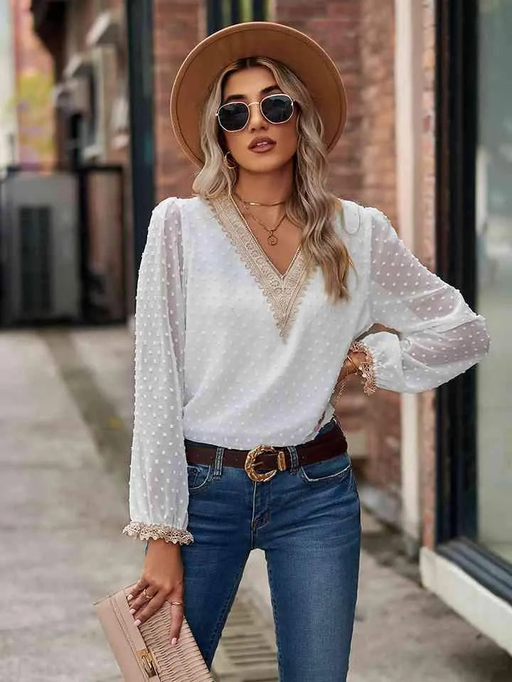 Swiss Dot V-Neck Long Sleeve Blouse White Blouses - Tophatter Daily Deals