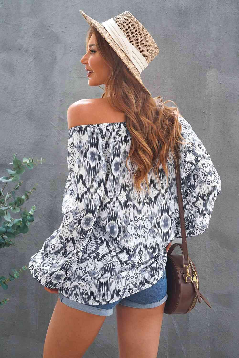 Printed Off-Shoulder Tied Balloon Sleeve Blouse Blouses - Tophatter Daily Deals