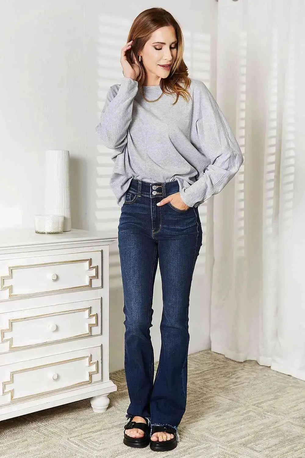 Double Take Seam Detail Round Neck Long Sleeve Top Women's T-Shirts - Tophatter Daily Deals